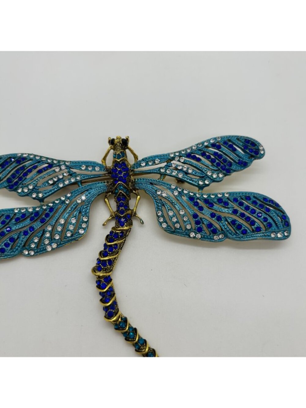 Dragonfly Brooch Articulated Tail Blue Teal Rhinestones Statement 5 inch Insect - Picture 3 of 16